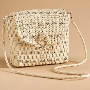 Anthropologie Woven Straw Crossbody Bag in Natural Cream with Silver Accents
